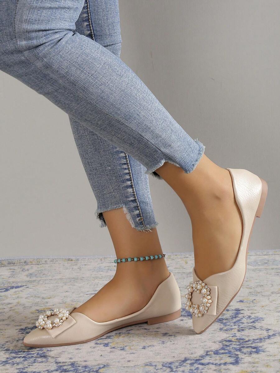Women Rhinestone & Faux Pearl Decor Point Toe Ballet Flats, Fashionable Beige Flat Shoes - Beige - View 1