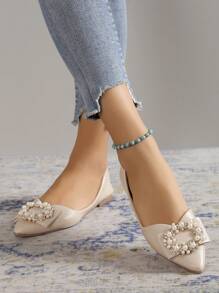 Women Rhinestone & Faux Pearl Decor Point Toe Ballet Flats, Fashionable Beige Flat Shoes - Beige - View 5