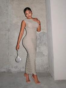 SHEIN SXY Asymmetrical Neck Ruched Detail Bodycon Dress,Prom Dress