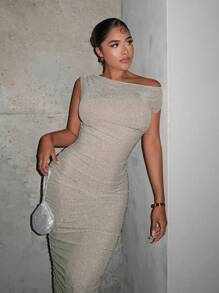 SHEIN SXY Asymmetrical Neck Ruched Detail Bodycon Dress,Prom Dress