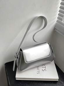 中號袋子金屬紋路蓋式，時尚、個性、街頭穿搭必備袋子 - 銀色 - 查看 2