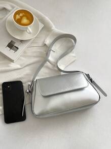 中號袋子金屬紋路蓋式，時尚、個性、街頭穿搭必備袋子 - 銀色 - 查看 4