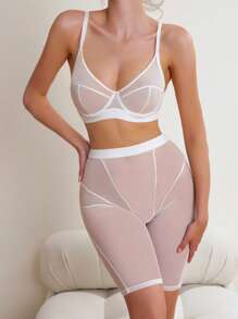 Contrast Mesh Underwire Lingerie Set - trắng - Xem 3
