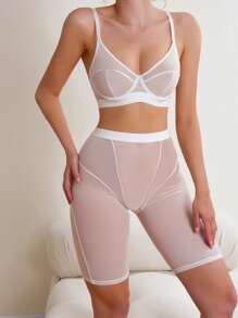 Contrast Mesh Underwire Lingerie Set - trắng - Xem 5