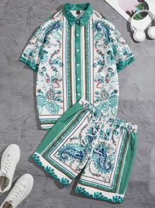 Manfinity Chillmode Men Paisley Print Shirt & Drawstring Waist Shorts