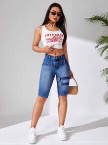SHEIN EZwear Quần short denim nữ Nút Túi Dây kéo màu trơn - Rửa tối - Xem 1