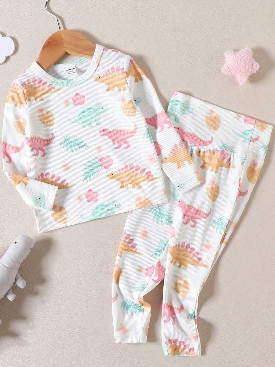 SHEIN Baby Dinosaur Print Tee & Trousers PJ Set - White - View 1