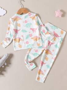 SHEIN Baby Dinosaur Print Tee & Trousers PJ Set - White - View 2