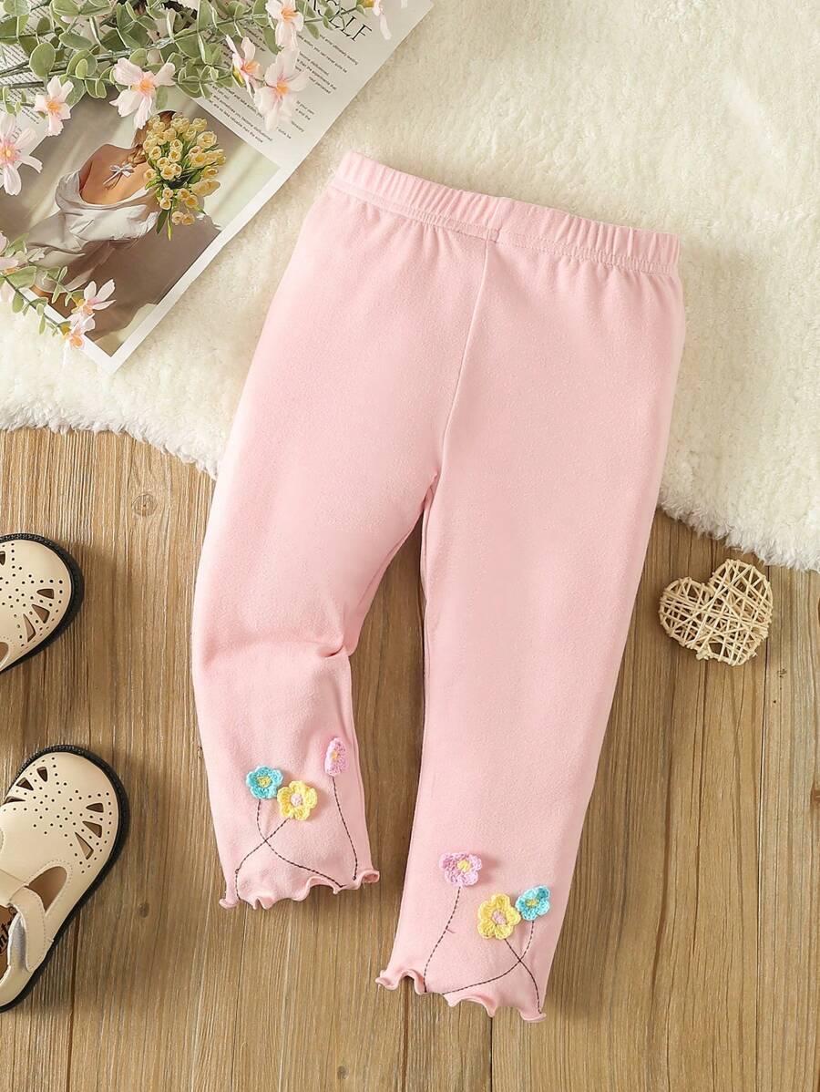 Toddler Girl Appliques Lettuce Trim Leggings - Baby Pink - View 1
