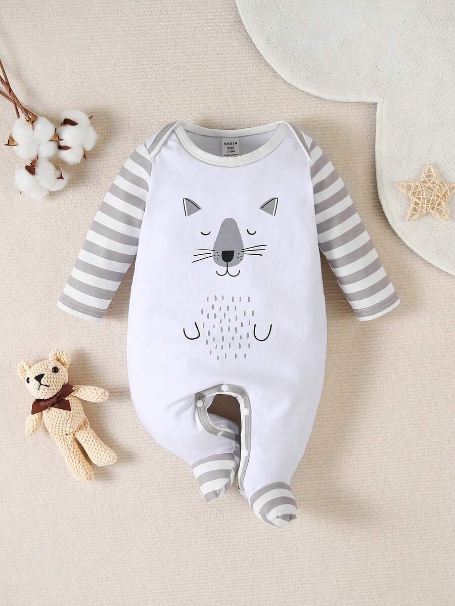 Baby Boy Striped & Cartoon Graphic Contrast Binding Footed PJ Set - White - View 1