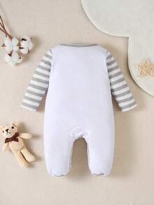 Baby Boy Striped & Cartoon Graphic Contrast Binding Footed PJ Set - White - View 2