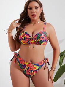 SHEIN Swim Curve Plus Size Tropical Print Tie Side Bikini Set Summer Beach - Multicolor - View 4