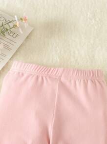 Toddler Girl Appliques Lettuce Trim Leggings - Baby Pink - View 3