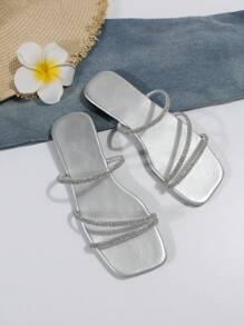 女性金屬質感水鑽裝飾平底魅力四射夏天玻璃涼拖 - 銀色 - 查看 3