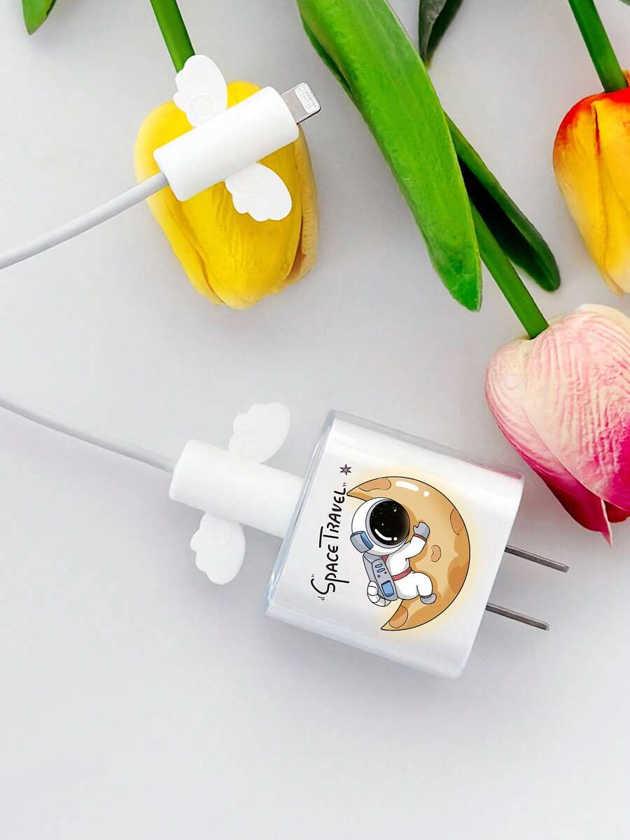 3 piezas con patrón de astronauta Cubierta de la cabeza del cargador & con diseño de alas Protector de cable de dato Set - Multicolor - Ver 1