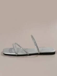女性金屬質感水鑽裝飾平底魅力四射夏天玻璃涼拖 - 銀色 - 查看 4