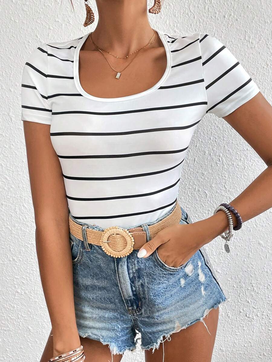 SHEIN Essnce Striped Print Scoop Neck Tee - White - View 1