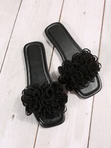 Dép lê đế bằng thanh lịch kiểu Pháp dành cho nữ, dép xỏ ngón hở mũi họa tiết hoa, hàng mới về mùa hè - màu đen - Xem 3