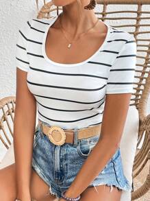 SHEIN Essnce Striped Print Scoop Neck Tee - White - View 5