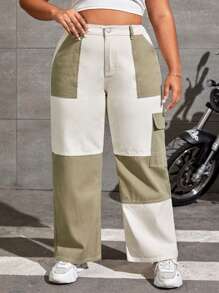 SHEIN EZwear Quần Denim kích thước lớn Nút Túi Dây kéo Khối Màu - Nhiều màu - Xem 1