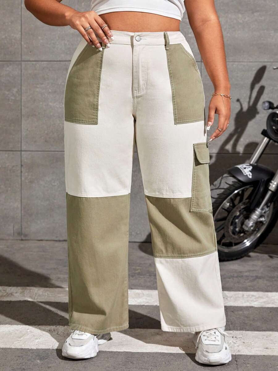 SHEIN EZwear Quần Denim kích thước lớn Nút Túi Dây kéo Khối Màu - Nhiều màu - Xem 1