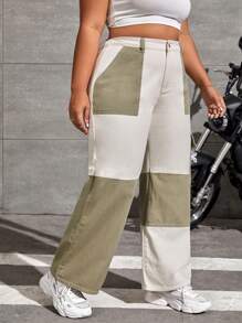 SHEIN EZwear Quần Denim kích thước lớn Nút Túi Dây kéo Khối Màu - Nhiều màu - Xem 3
