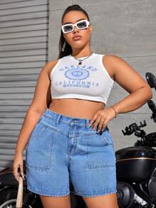 SHEIN EZwear 大碼高腰牛仔短褲 - 中等水洗藍 - 查看 4