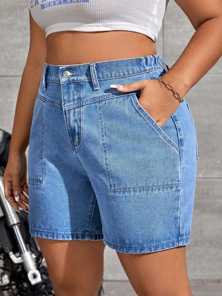 SHEIN EZwear 大碼高腰牛仔短褲 - 中等水洗藍 - 查看 1