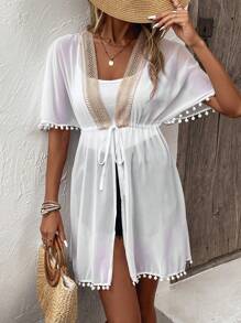 Swim Vcay Kimono con encaje en contraste ribete con pompón de cintura con cordón de gasa - Blanco - Ver 1
