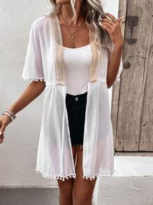 Swim Vcay Kimono con encaje en contraste ribete con pompón de cintura con cordón de gasa - Blanco - Ver 3
