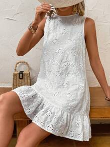 SHEIN VCAY Eyelet Embroidery Ruffle Hem Smock Dress - White - View 3