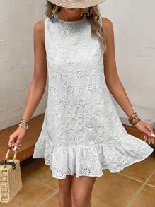 SHEIN VCAY Eyelet Embroidery Ruffle Hem Smock Dress - White - View 5