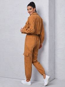 Mulvari Bộ đồ hai mảnh nữ Thắt nút Túi Nút phía trước màu trơn Giải trí - Màu Khaki - Xem 2