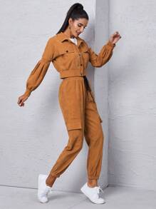 Mulvari Bộ đồ hai mảnh nữ Thắt nút Túi Nút phía trước màu trơn Giải trí - Màu Khaki - Xem 3