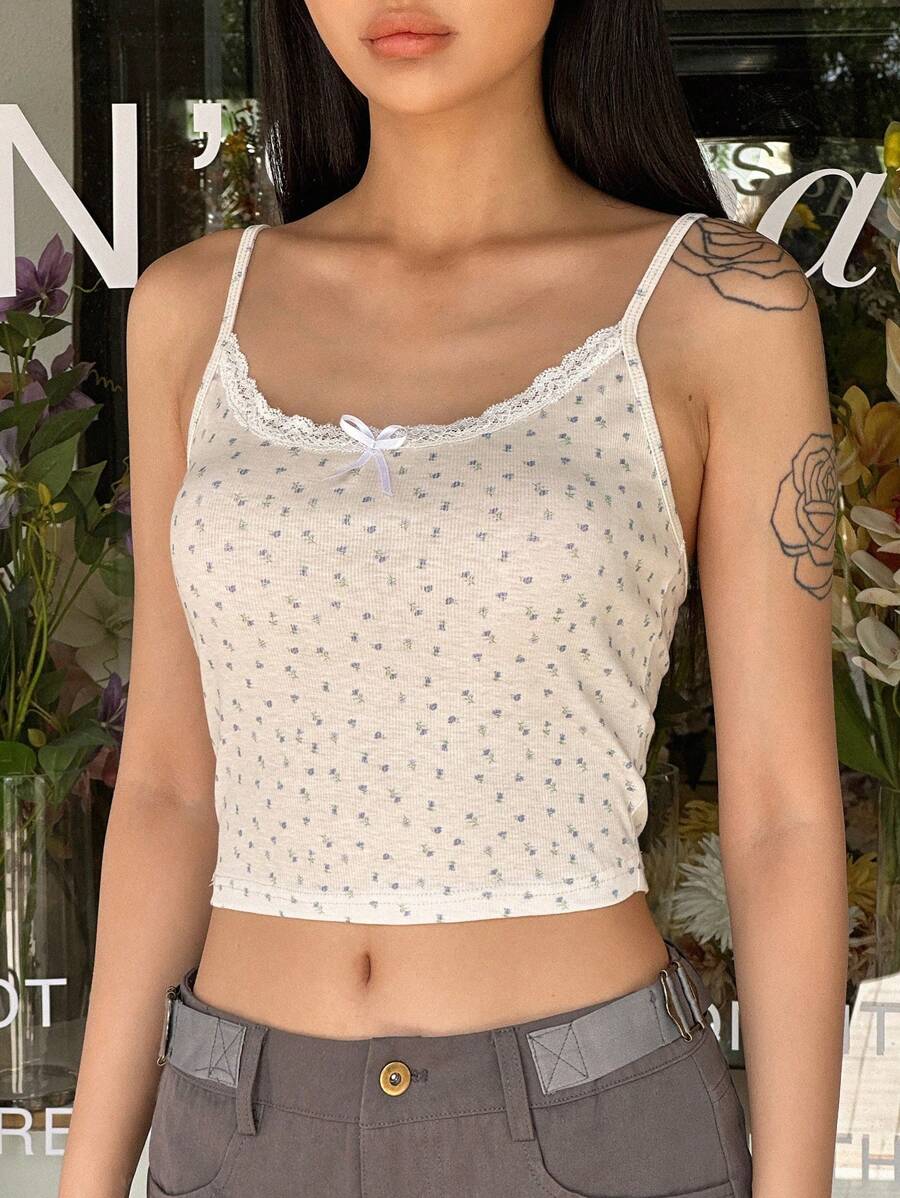 DAZY Ditsy Floral Print Lace Trim Bow Front Cami Top Going Out Tops Crop Women Tops - Yellow - View 1