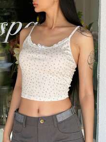 DAZY Ditsy Floral Print Lace Trim Bow Front Cami Top Going Out Tops Crop Women Tops - Yellow - View 4