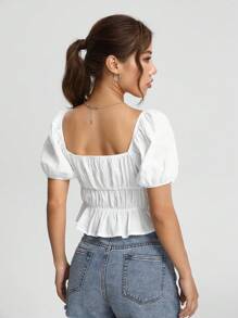 SHEIN EZwear Camisa crop con cordón delantero pecho con fruncido bajo con fruncido - Blanco - Ver 4