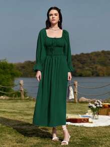 Mulvari Square Neck Flounce Sleeve Ruched Bust Dress - Dark Green - View 5