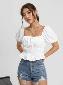 SHEIN EZwear Camisa crop con cordón delantero pecho con fruncido bajo con fruncido - Blanco - Ver 2