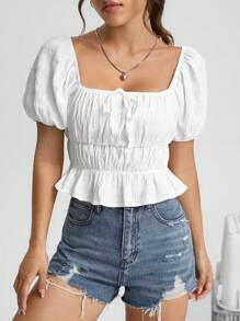 SHEIN EZwear Camisa crop con cordón delantero pecho con fruncido bajo con fruncido - Blanco - Ver 1