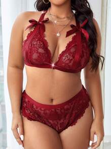 Classic Sexy Plus Floral Lace Bow Front Lingerie Set - Burgundy - View 1