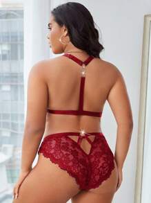 Classic Sexy Plus Floral Lace Bow Front Lingerie Set - Burgundy - View 2