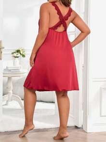 Plus Solid Plunge Neck Nightdress - Burgundy - View 2