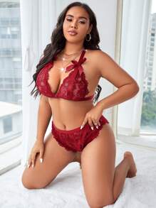 Classic Sexy Plus Floral Lace Bow Front Lingerie Set - Burgundy - View 4