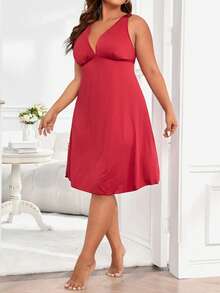 Plus Solid Plunge Neck Nightdress - Burgundy - View 4