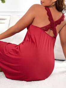 Plus Solid Plunge Neck Nightdress - Burgundy - View 5