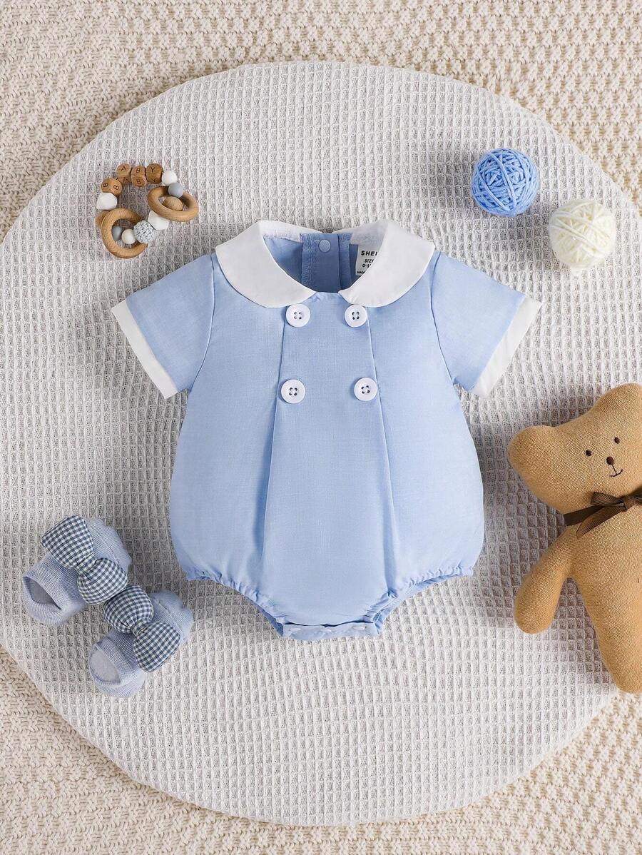 Baby Boy Contrast Collar Button Detail Bodysuit - Baby Blue - View 1