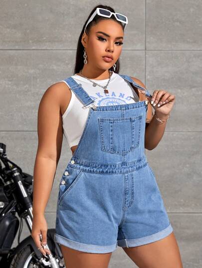 SHEIN EZwear 大碼卷邊牛仔連體短褲不附帶背心