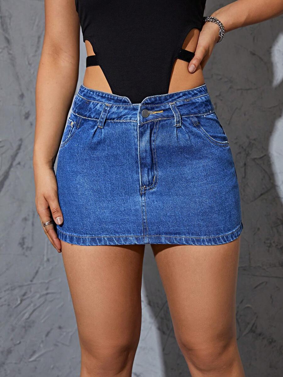 High Waist Denim Skirt - Medium Wash - View 1