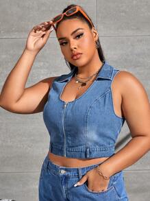 SHEIN ICON 大碼拉鏈開襟短款牛仔上衣 - 中等水洗藍 - 查看 4